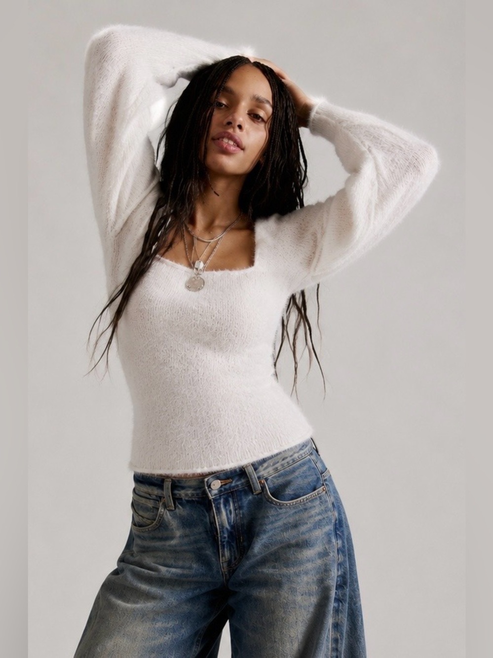H&M XS White Fuzzy Square Neck Fitted Sweater Long Sleeve